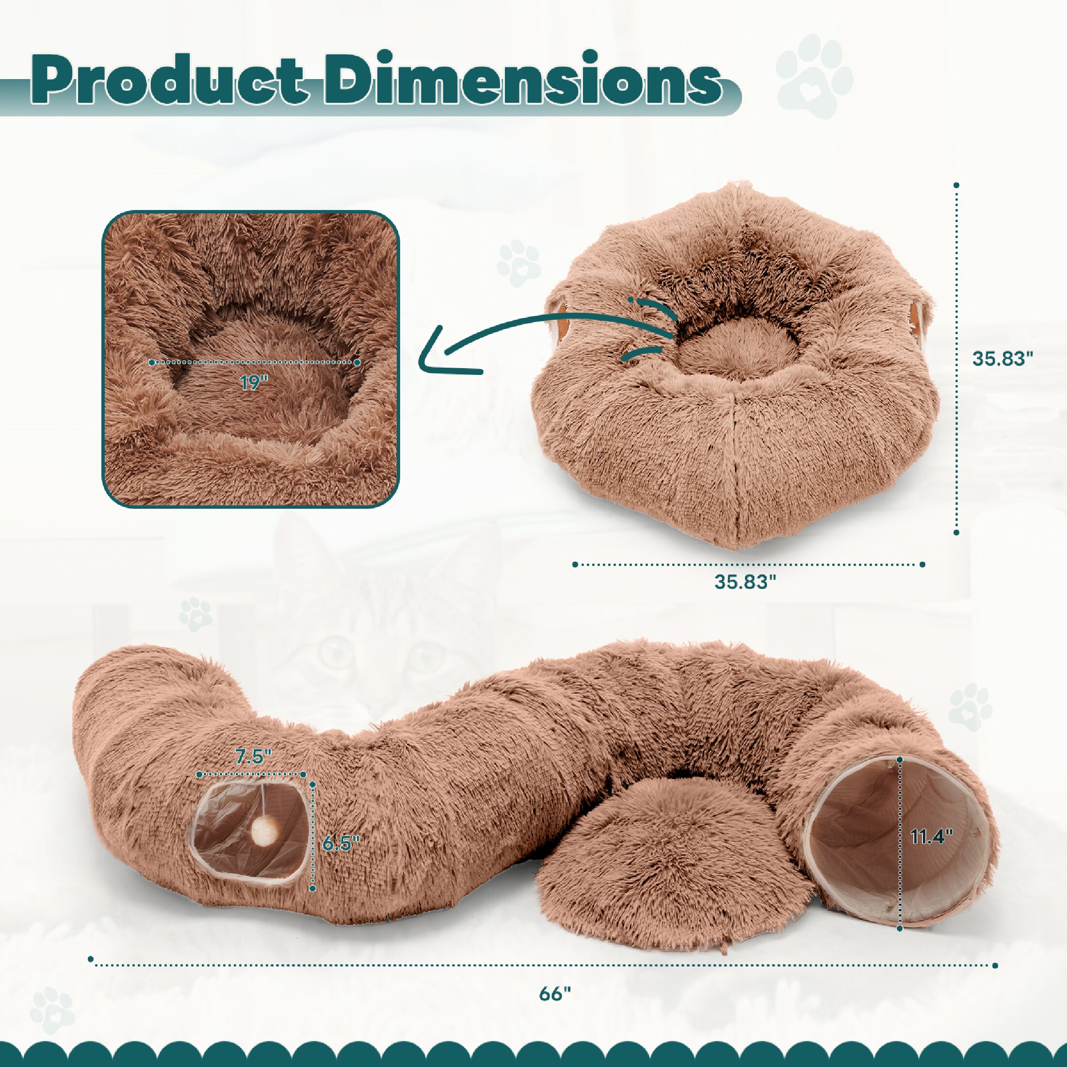 edx Cat Tunnel Bed for Indoor Cats, Soft Plush Peekaboo Hideaway Cave with Circle Cushion, Washable Multifunctional Playground Cat Donut Tunnel for Kittens, Rabbit, Ferret, Brown