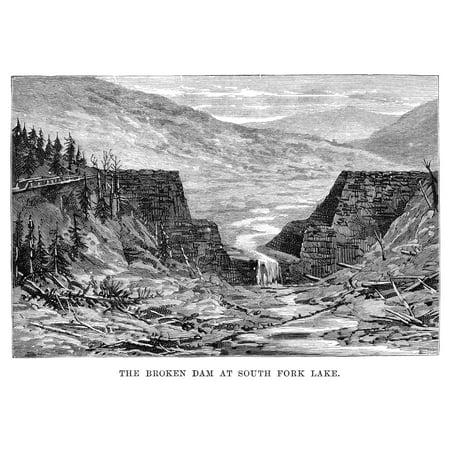 South Fork Dam - Stretched Canvas Art - Johnstown Flood, 1889. /N'The Broken Dam At South Fork Lake.' Engraving, 1889. - Medium 18 x 24 inch Wall Art Decor Size.