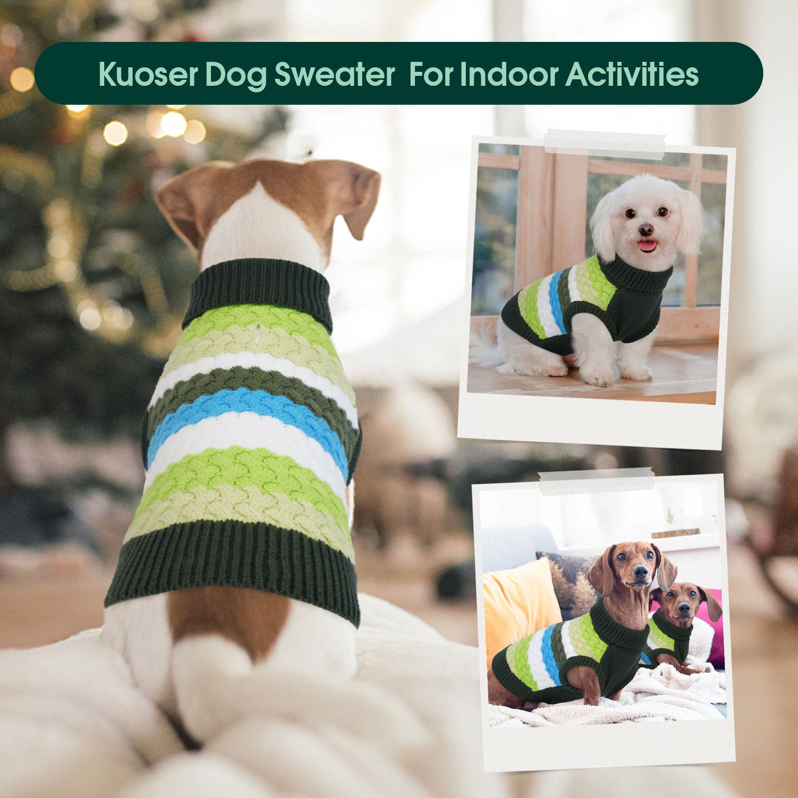Kuoser Dog Sweater Warm Pet Knitwear Soft Winter Clothes for Dogs and Cats, Green, XL