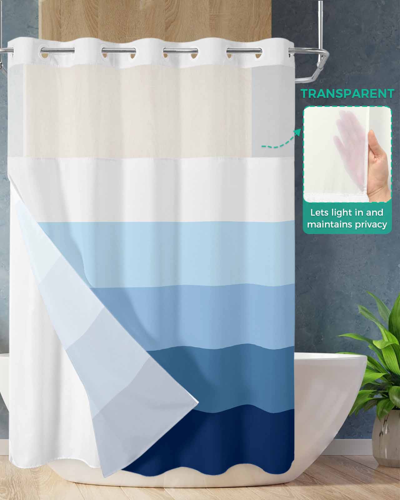 No Hook Shower Curtain with Snap in Liner, Navy Blue Striped Gradient Rustic Wood Board Hotel Shower Curtains for Bathroom, Washable Shower Curtain Liner Set with Mesh Top Window, 72”x78”