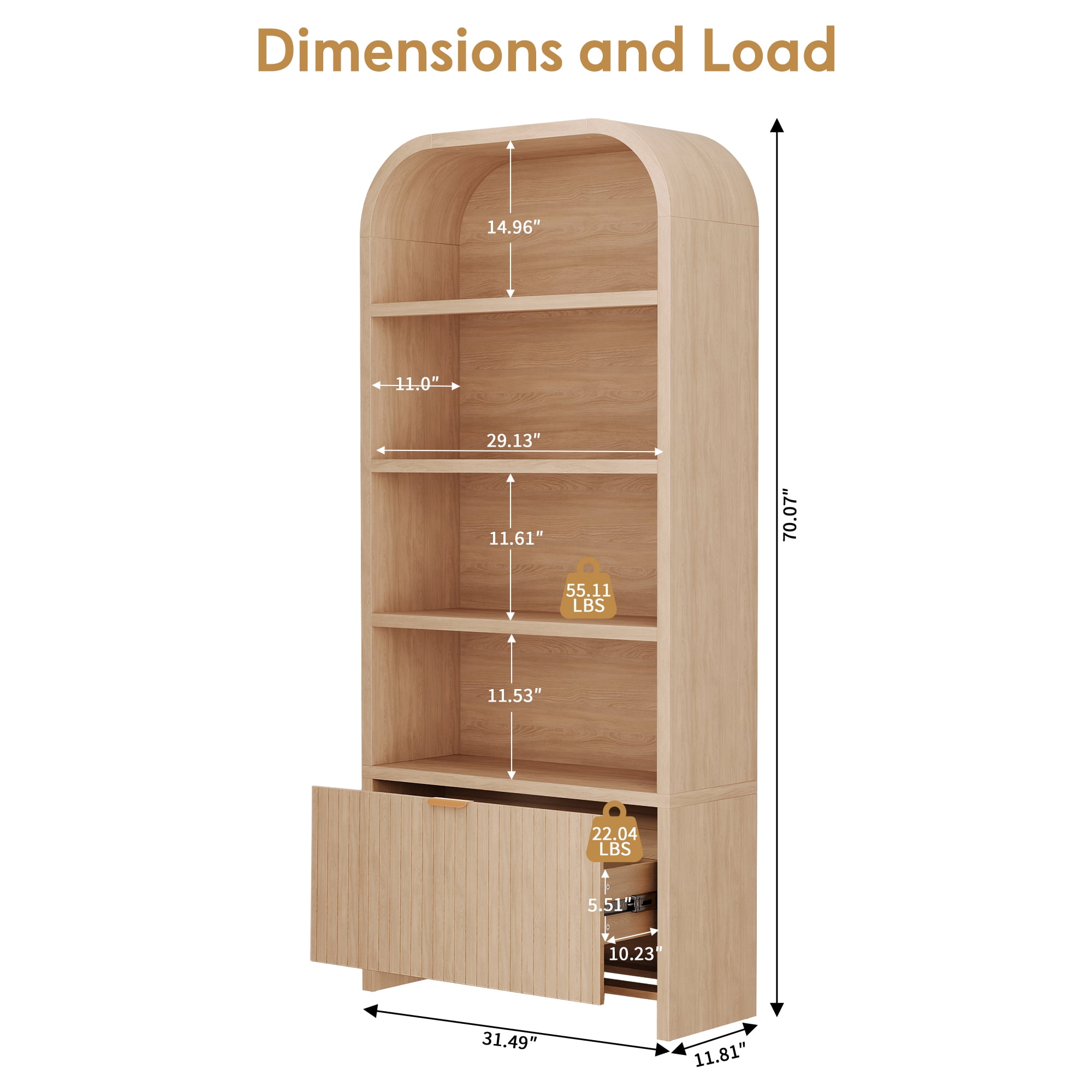 YOCWO 70" Tall Arched Bookcases with 1 Large Drawers & 4 Shelves, Wooden Bookshelf with Carved Line and Curved Top for Living Room Office, Natural