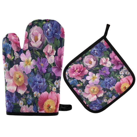 Yayeee Oven Mitts and Pot Holder Set of 2 Heat Resistant Kitchen Gloves Baking Hot Pad, Soft Pinks Flowers