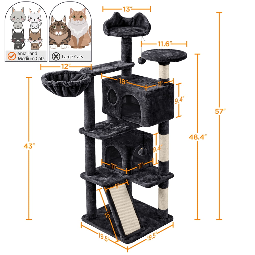 Alden Design 57"H Double Condo Cat Tree with Scratching Tower for Indoor Cats, Black