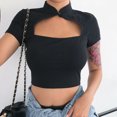 thumbnail image 1 of xiaxaixu T-shirts d'Été à Manches Courtes pour Femmes Col Montant Noir Crop Tops, 1 of 9