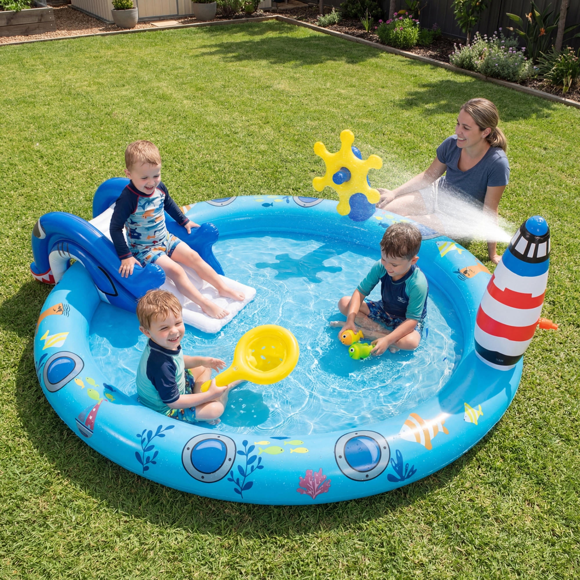 Inflatable Play Center Marine Life Spray Pool with Shark Slide, Lighthouse Sprinkler & Fishing Game, Outdoor Kids Water Play Pool for Toddlers 2-6 Years, Summer Backyard Fun