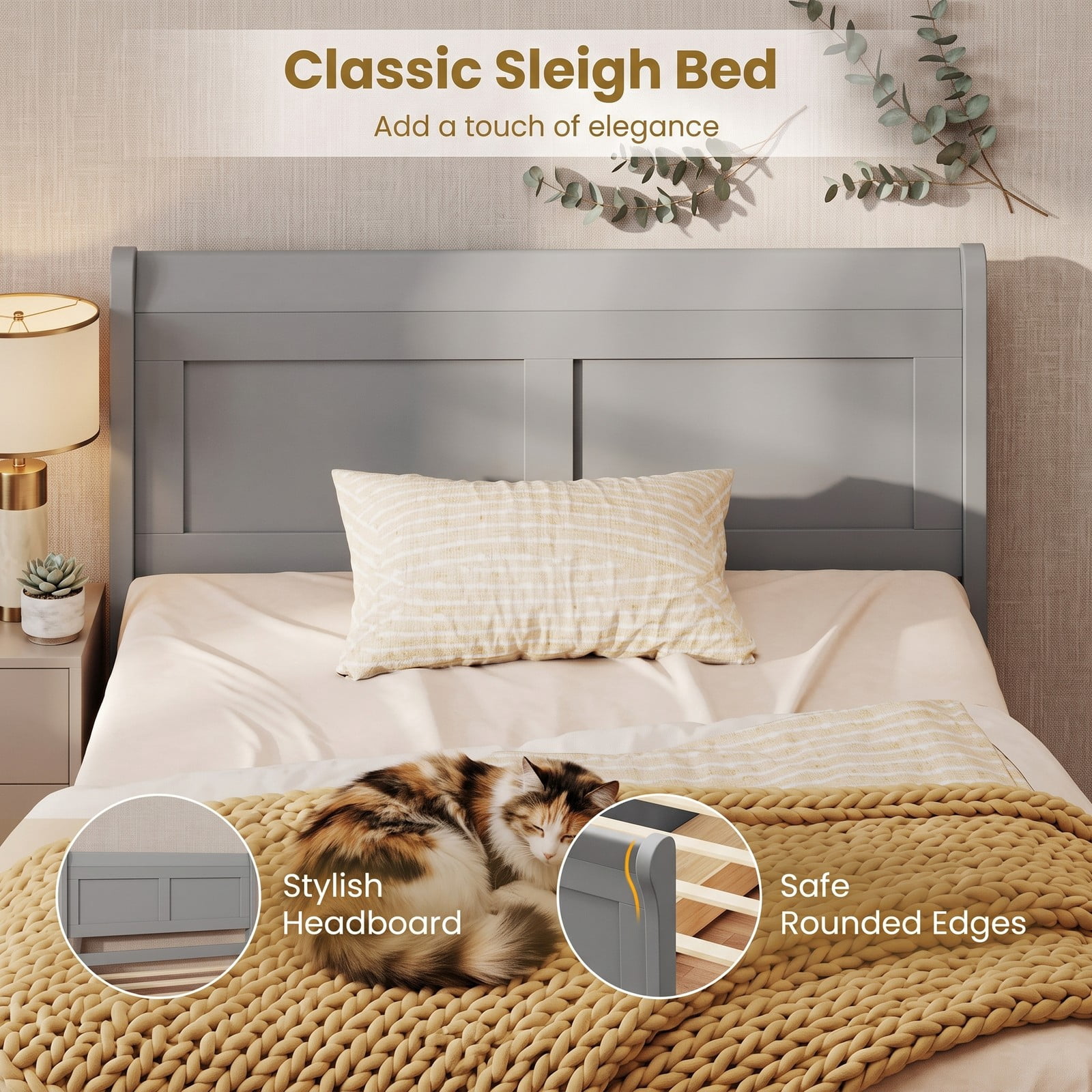 Furnibear Twin Bed Frame with Storage, Wood Sleigh Bed with 2 Storage Drawers and Curved Headboard, Space Saving, Gray