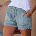 thumbnail image 4 of Textilo Women Jean Shorts Elastic Waist Drawstring Raw Hem Denim Short with Pockets High Waisted Shorts Comfy Lightweight Summer Casual Short Pants,Light Blue L, 4 of 5