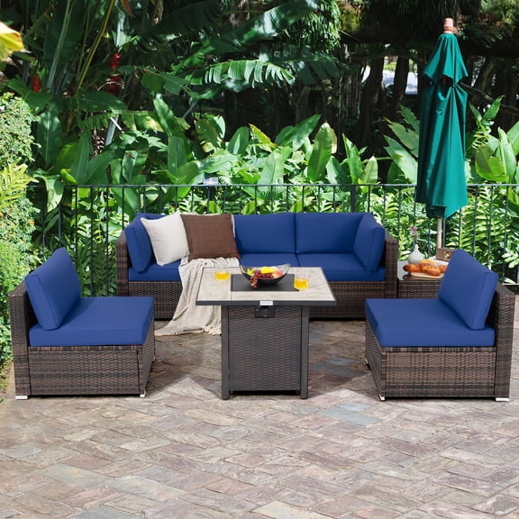 Costway 7PCS Patio Rattan Furniture Set 30'' Fire Pit Table Cover Cushion Sofa Navy