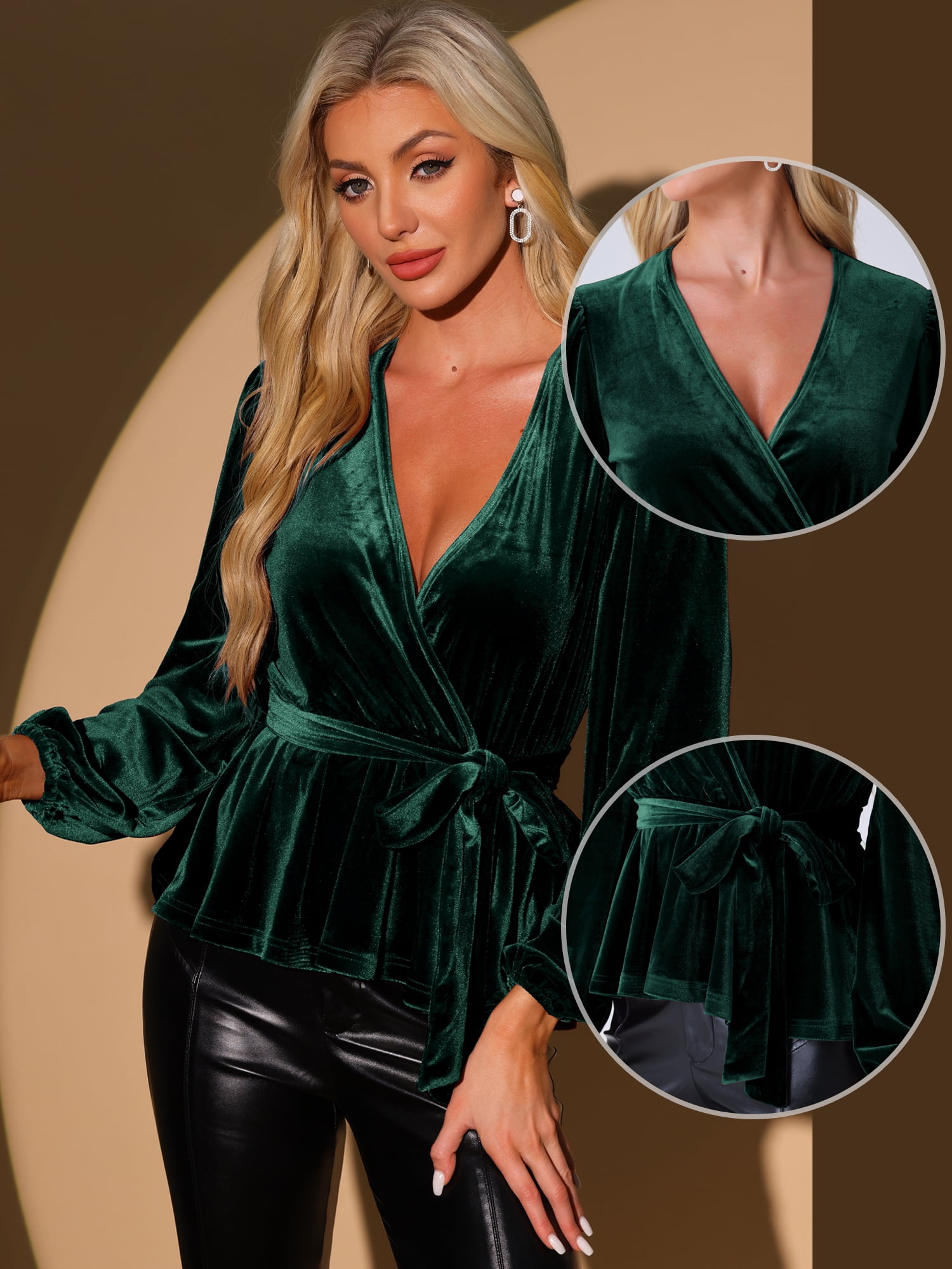 DARING DIVA Tie Waist Long Sleeve V Neck Blouse XS Dark Green
