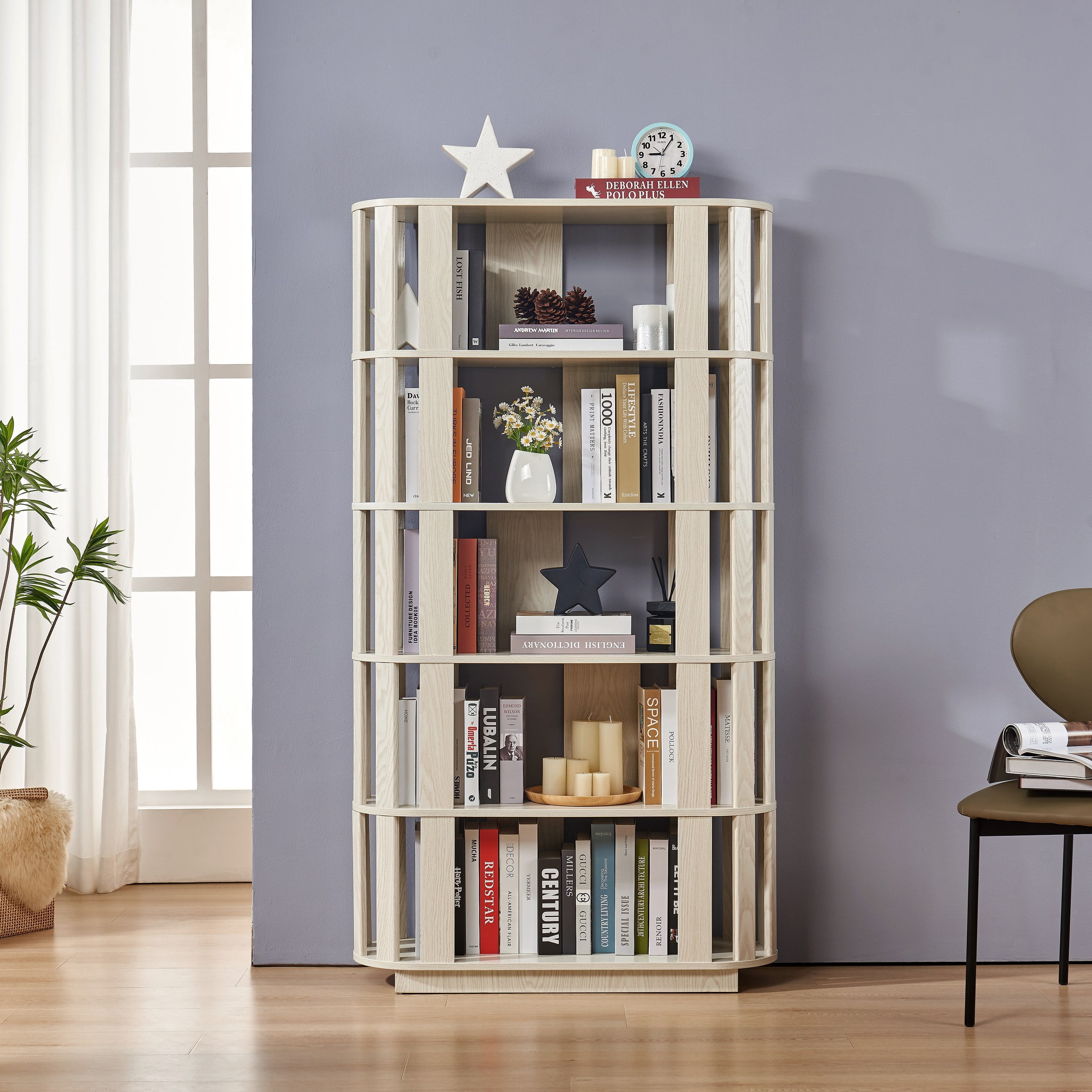 Wooden Oval Open Bookshelf, MDF Grid Frame Freestanding Bookcase, 5-Tier Easy Assembly Storage Display Rack for Living Room Home Office Decor, DIY Free Combination Storage Cabinet Study Room