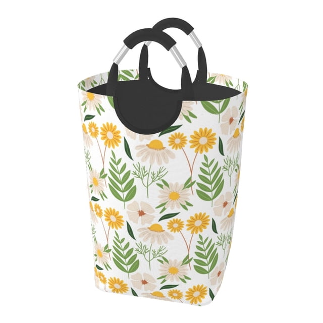 DouZhe 50L Rectangular Laundry Basket, Green Flower Floral Prints Waterproof Foldable Laundry Hamper with Aluminum Handles