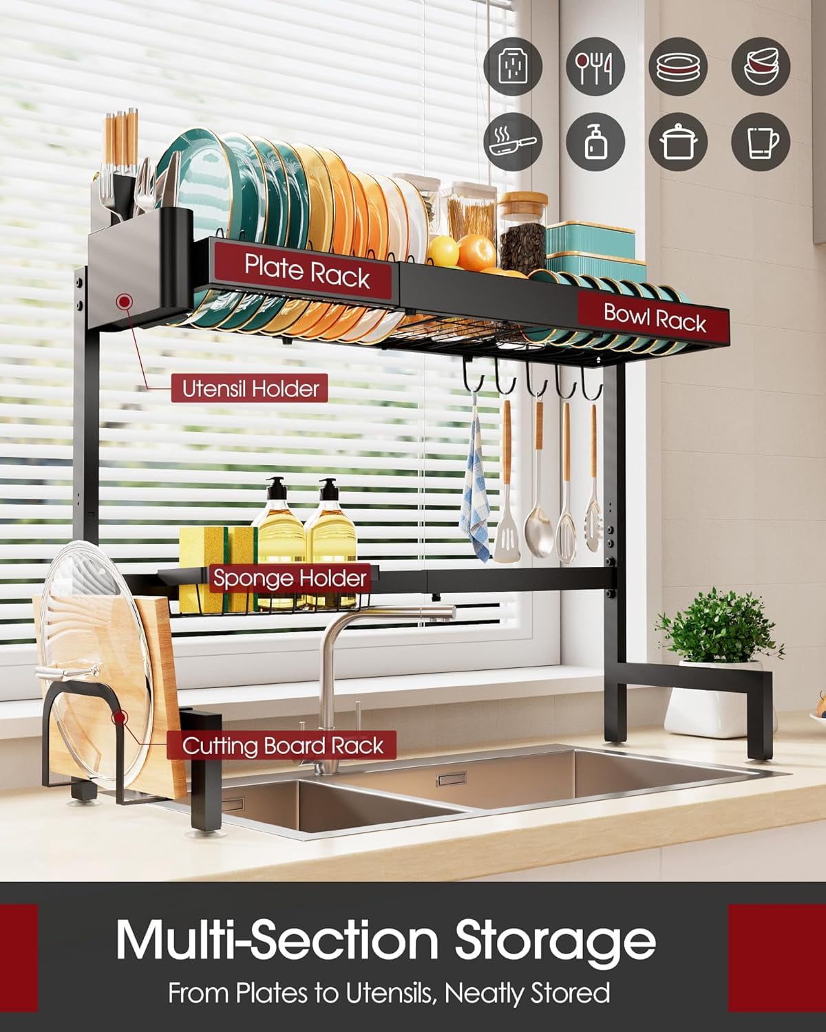Dish Drying Rack - Over The Sink Dish Drainer Drying Rack with Utensil & Knife Holder, Hooks, Stainless Steel Kitchen Organizers and Storage Solution, 11.8" D x 31.5"~39.0''W x 30" H, Black