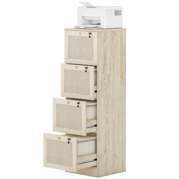 CoSoTower 4 Drawer Filing Cabinet with Lock, Boho File Cabinet for A4 Letter Size Files with Decorative Rattan Accents, Oak
