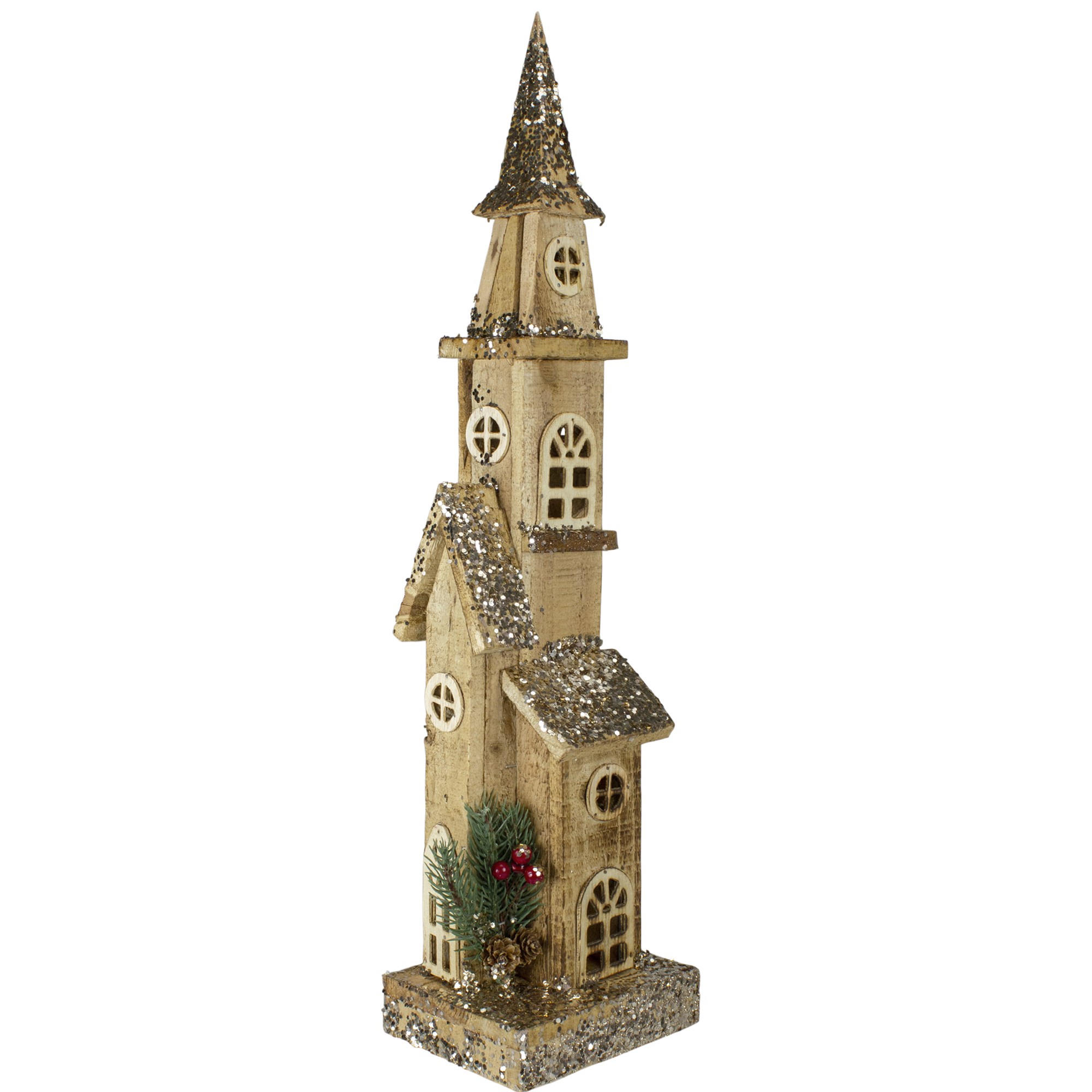 20.75" Brown LED Lighted Wooden Glittered Church Christmas Decoration