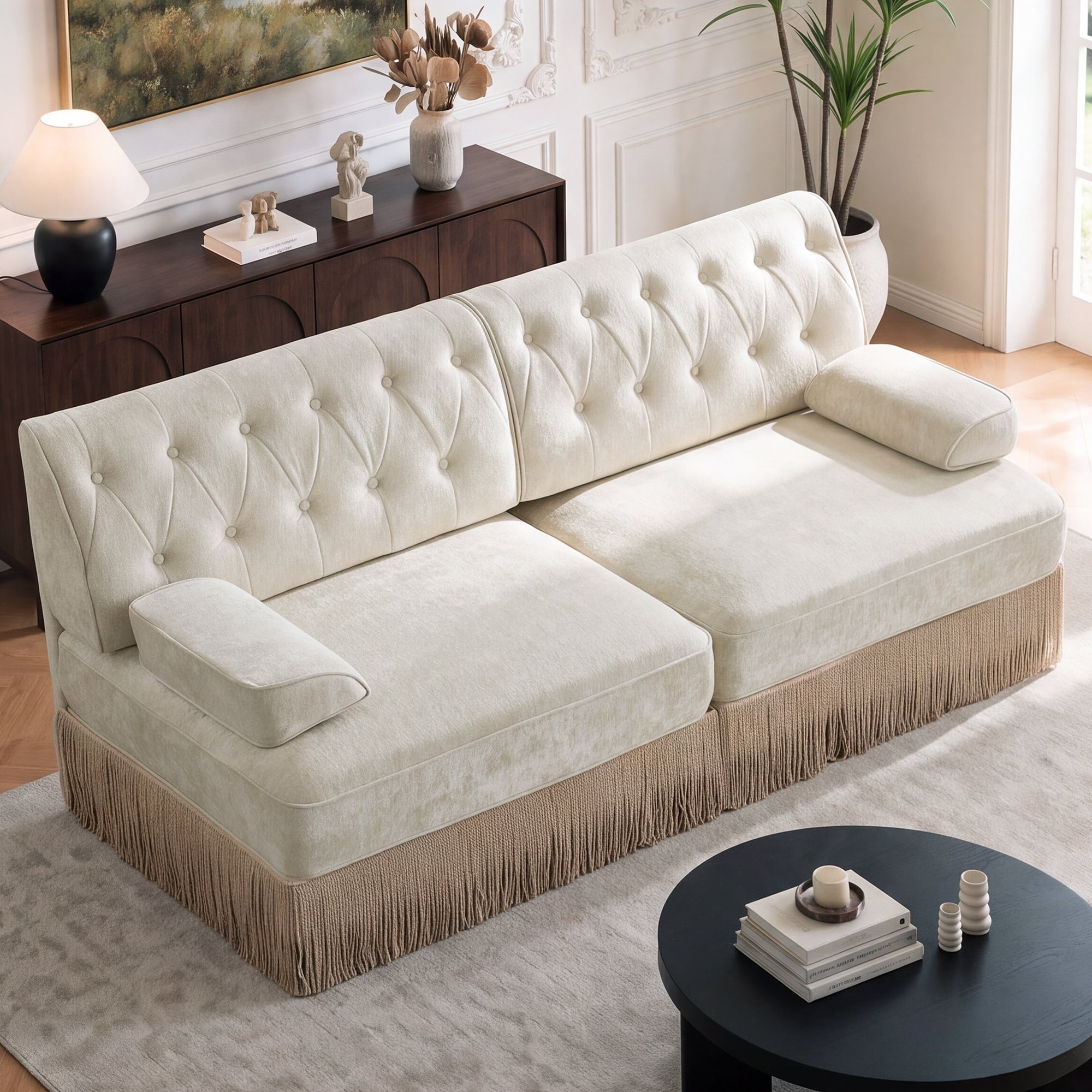 76" Velvet Chesterfield Loveseat Sofa, Button Tufted Design, Tassel Fringe Skirt, Easy to Assemble