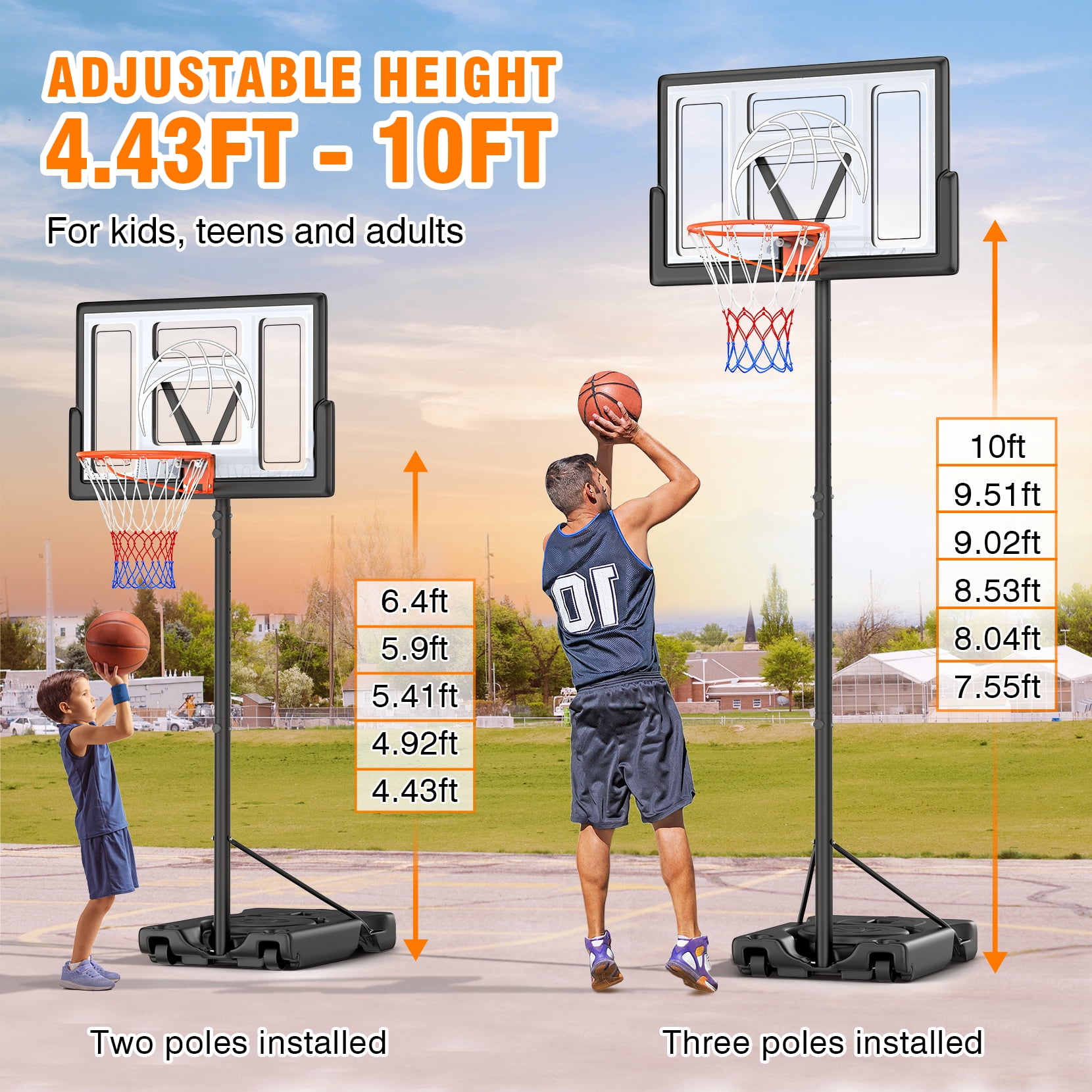 Tonbux Basketball Hoop Outdoor 10ft Adjustable, Portable Basketball Hoop Goal System for Kids Youth and Adults in Backyard/Driveway/Indoor, 44 Inch Shatterproof Backboard and Larger Base