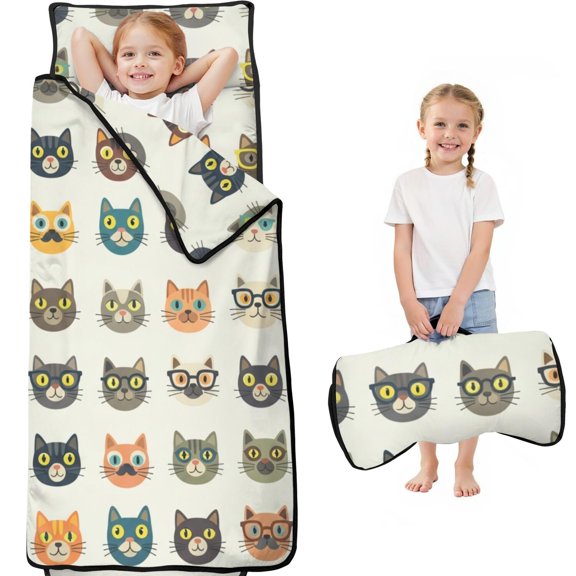 Cat Head and Glasses White Pattern Teens Toddler Nap Mat with Pillow, Sleeping Mat Bag for Preschool Daycare 59"x22"