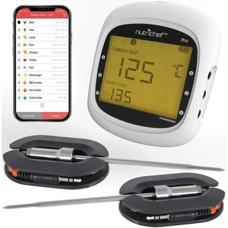 NutriChef - Smart Bluetooth BBQ Grill Thermometer PWIRBBQ80 - White, Black - White, Black
