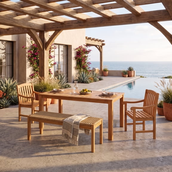 Crestwood Garden Hampton Teak Wood 4 Pieces Outdoor Dining Set with Backless Bench