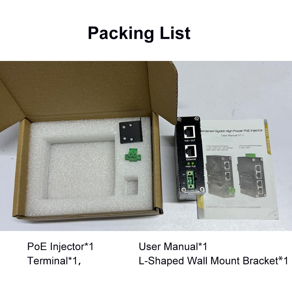 Industrial 30W Gigabit PoE Injector IEEE 802.3at Adapter 12-48V DC Input DIN Rail Mount