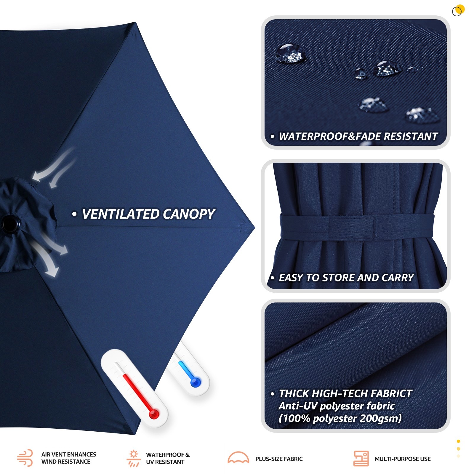 JUSTLET 10ft Patio Umbrella w/ Easy Crank & Tilt, 8-Rib Heavy-Duty Market Umbrella - Outdoor Umbrella for Backyard, Garden, Patio, Deck, Cafe, and Restaurant, Deck & Backyard - Navy Blue