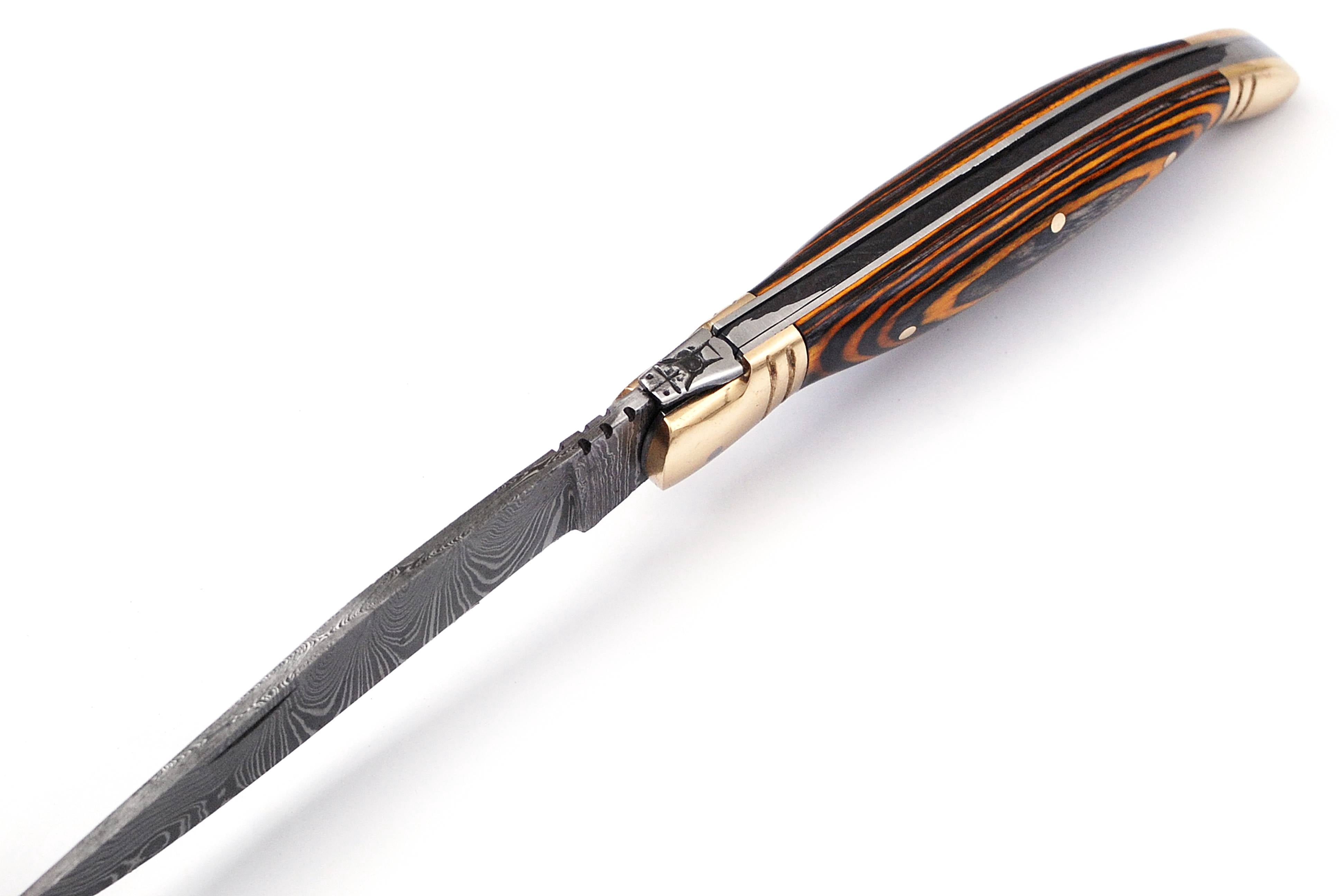 Damascus steel folding knife with leather sheath, 8.5 inches long laguiole pocket knife with 4 inches long Damascus steel Blade, 4.5 inches Orange and black multi colored wood scale with Brass bolster