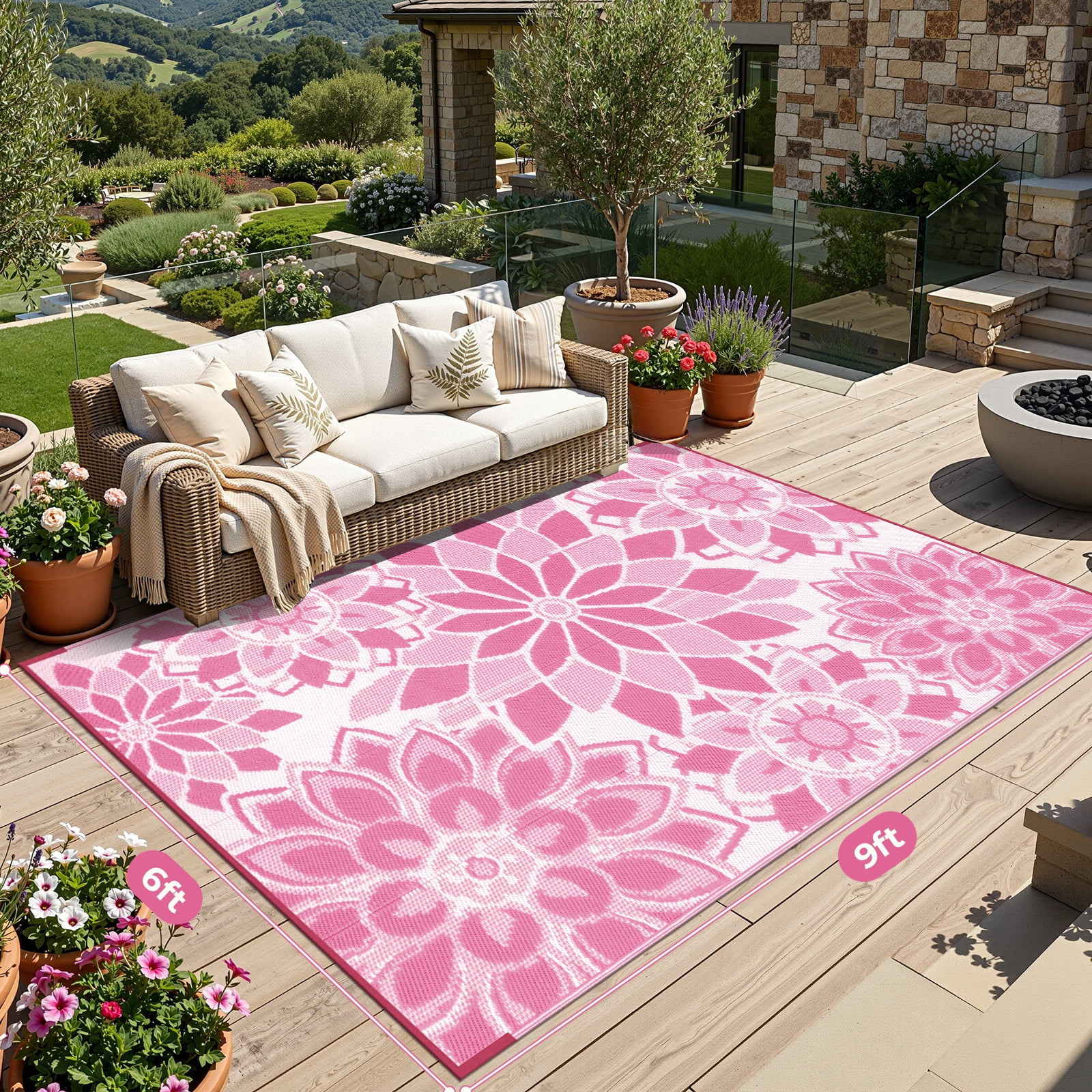 Findosom Outdoor Rug 6'x9' Reversible Waterproof Outdoor Patio Rug Mat Plastic Straw Rug Outdoor Area Rug Patio Camping Rug for RV Picnic Balcony Backyard Beach Outdoor Decor,Pink