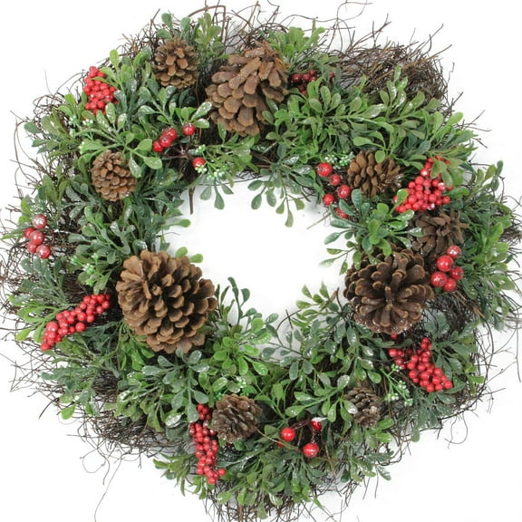 24" Glittered Artificial Boxwood Pine Cone and Red Berry Christmas Wreath - Unlit