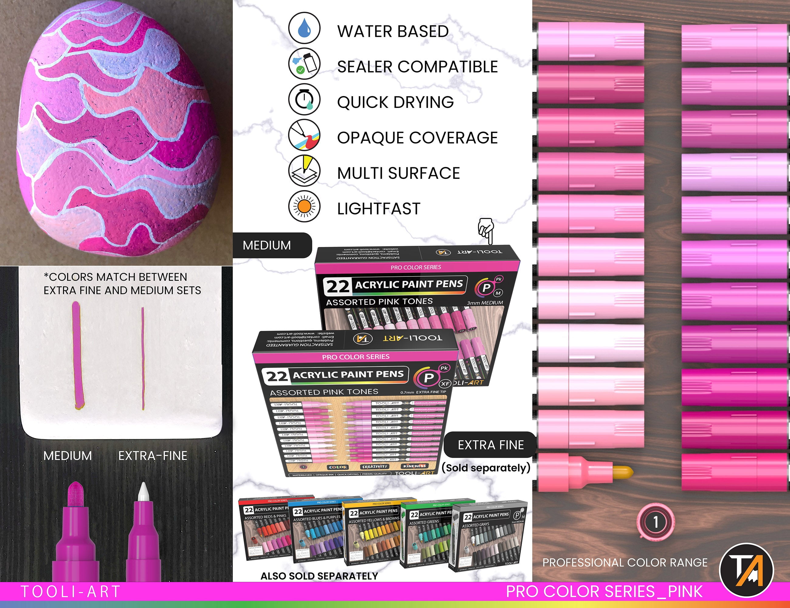 22 Acrylic Paint Pens (PINKS) Pro Color Series Set (3mm MEDIUM)