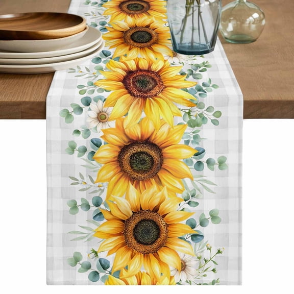 Table Runner 120 Inches Long for Kitchen Dining, Sunflower Dresser Scarf Farmhouse, Dining Table Decorations for Wedding/Parties, Yellow Floral Grey Plaid Eucalyptus Leaves 13 x 120 In