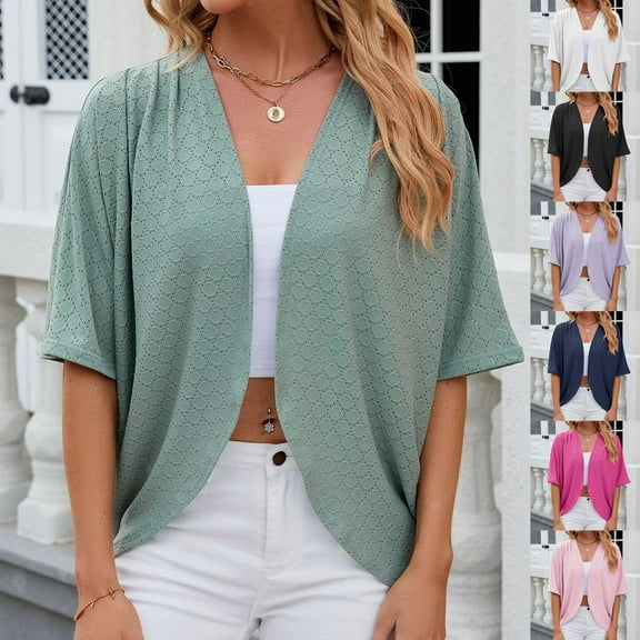 BiZtdJrK Cropped Cardigans for Women Eyelet Short Sleeve Loose Kimono Cardigan Lightweight Casual Summer Beach Cover Up on sale or clearance Green L