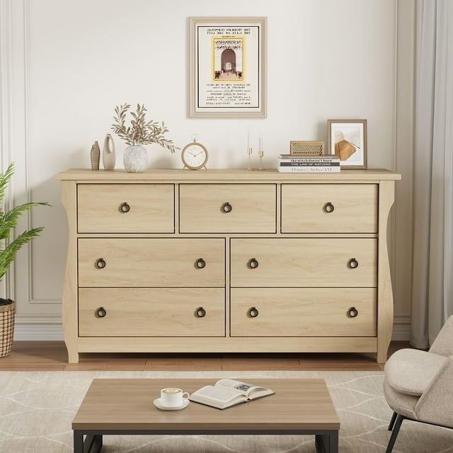 GloryStar Commode à 7 Tiroirs pour Chambre, Commode à Tiroirs de 54 Pouces de Large avec Rangement Autoportante, Coffre de Rangement en Bois pour Garde-Robe pour Salon, Chambre, Entrée