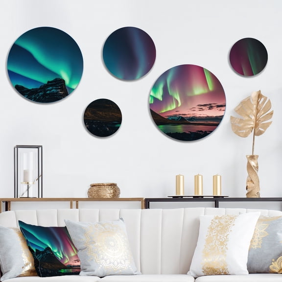 Designart "Northern Lights Reflected On The Water III" Landscape Mountains Metal Wall Art Set of 5 Piece