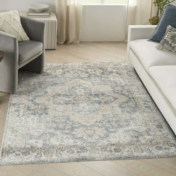 Nourison Astra Machine Washable Bohemian Grey/Blue 5'3" x 7' Area Rug, (5x7)