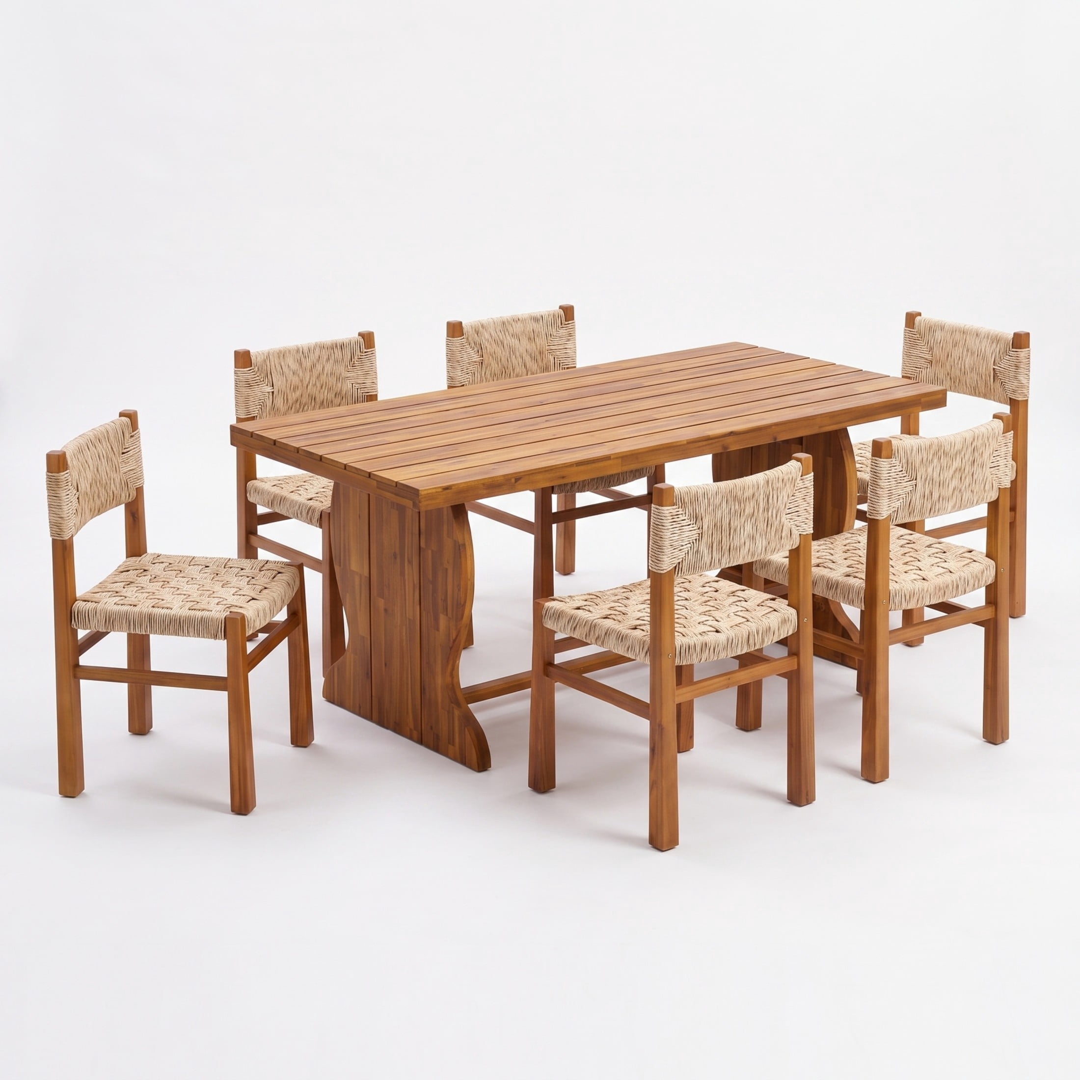 Christopher Knight Home 7-Piece Patio Wood Dining Table with Light Gray Wicker Chairs, Natural Stained