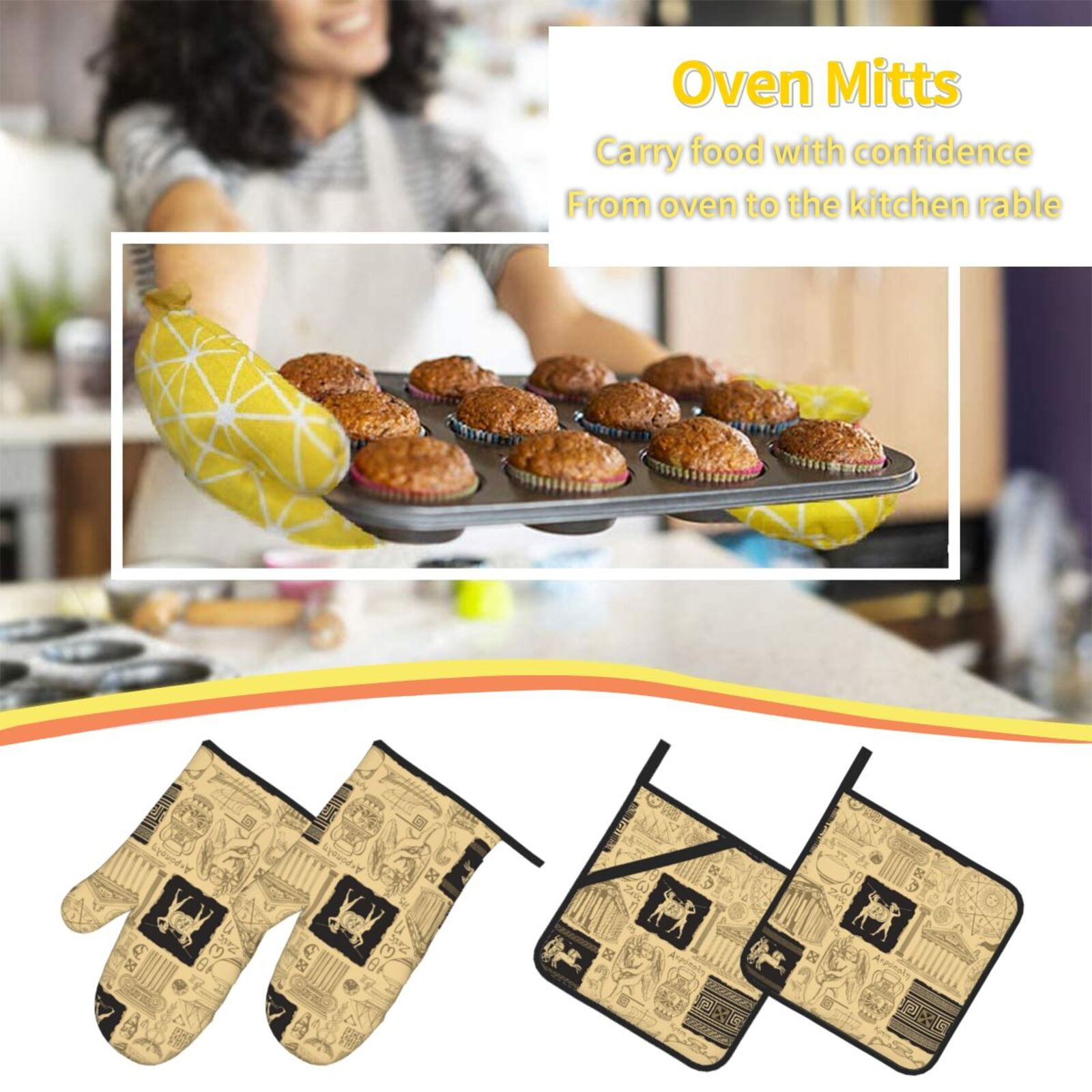 Ancient Greece Mythology Retro 4Pcs Oven Mitts and Pot Holders Sets Oven Kitchen Gloves Hot Pads for Cooking BBQ Baking Grilling