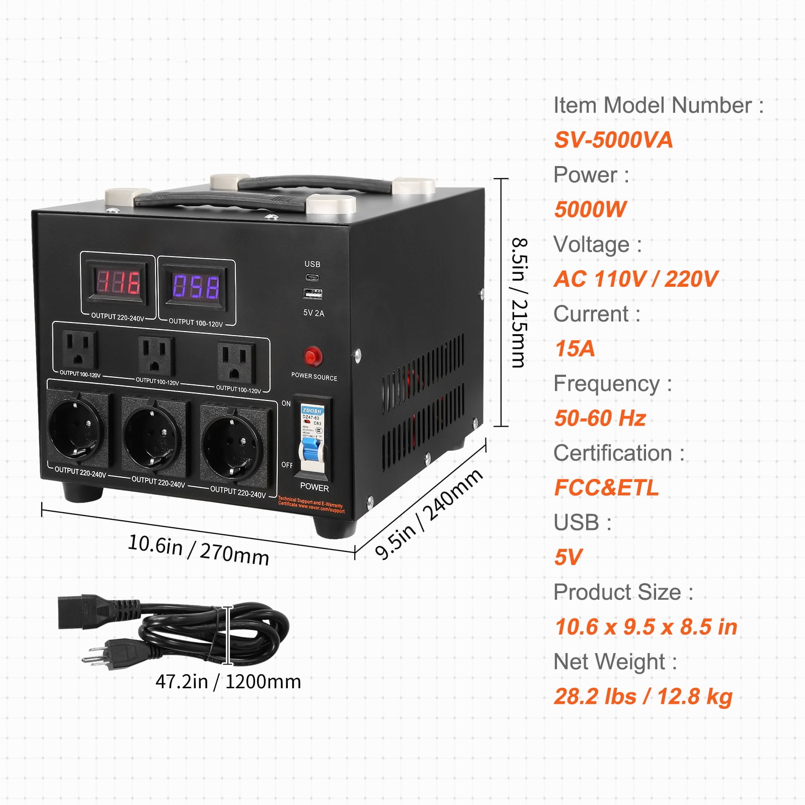 KFFKFF Convert from 110 Volt to 220 Volt and from 220 Volt to 110 Volt, with US Outlet EU Outlet 5V USB Port, CE Certified, 5000W, Heavy Duty Step Up/Down Transformer, Voltage Converter Transformer