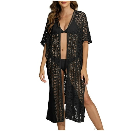 Virmaxy Womens Cover Ups Alluring One Neck Cutout Woven Shirt Beach Bikini Cover Ups Alluring One Line Neckline Hollowed Out Woven Shirt Beach Bikini Cover Up Black One Size