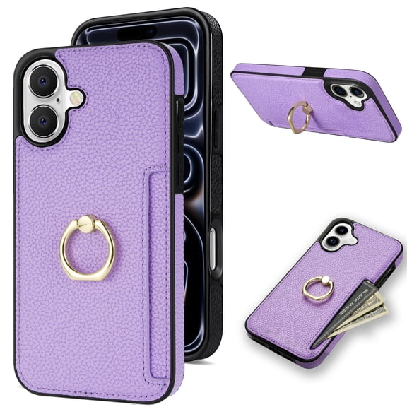 for iPhone 17 Case Wallet,360°Rotation Ring Kickstand,RFID Blocking Card Slots Holder, Magnetic Clasp Back Flip PU Leather Fashion Shockproof Cover for iPhone 17,Purple