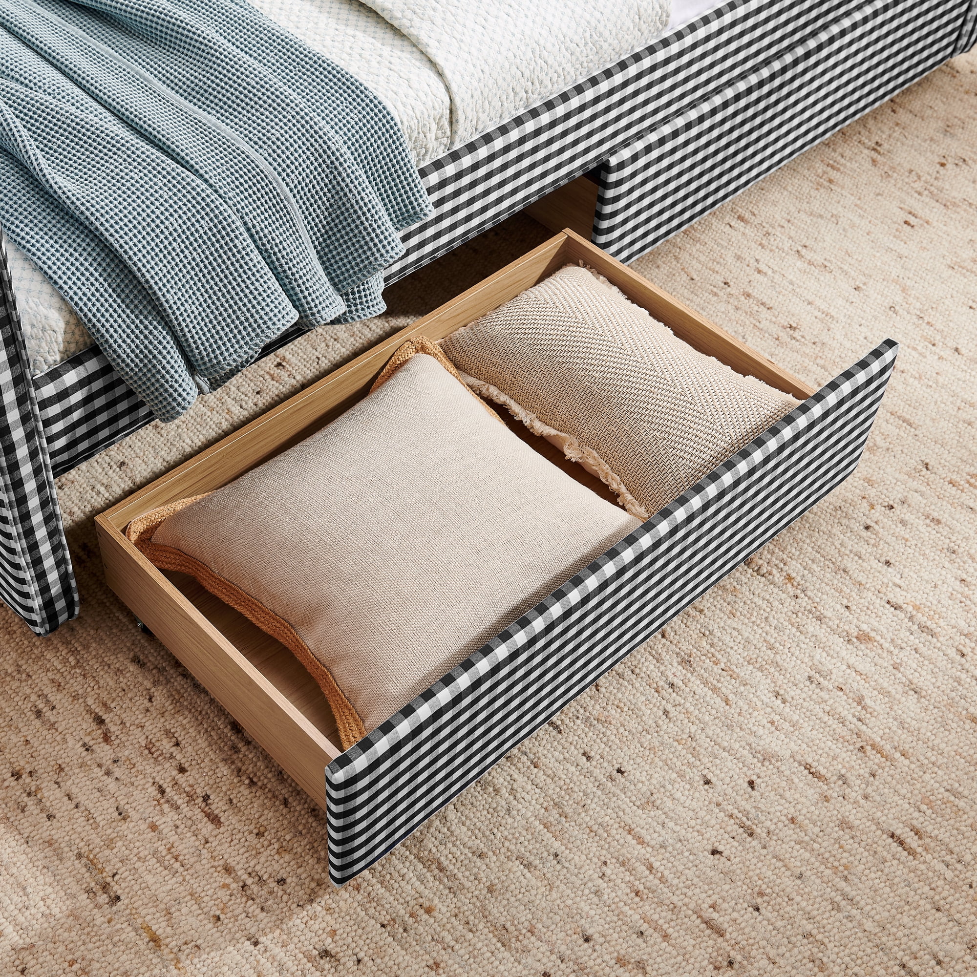 Leumius Twin Size Gingham Daybed with Storage Drawers,Modern Linen Daybed with USB Ports & Wave Shaped,Upholstered Day Bed Frame Sofa Bed for Living Room/Bedroom/Guest Room,Black