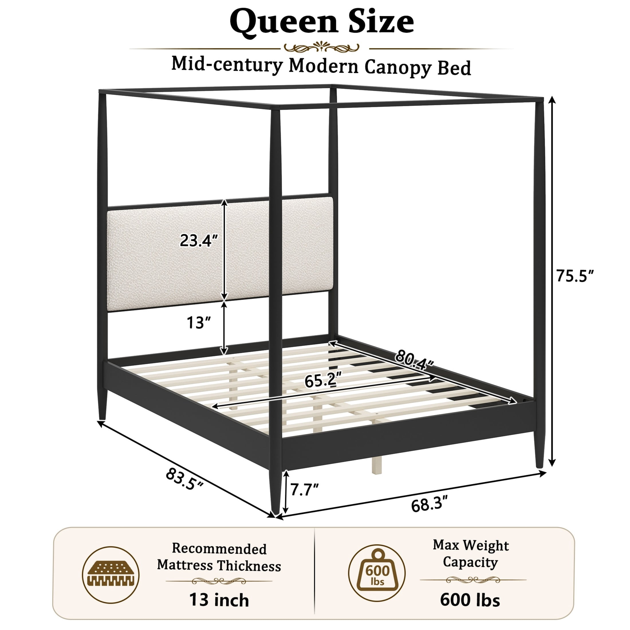 Christopher Knight Home Modern Queen Solid Wood Bed Frame with Boucle Upholstered Headboard, Black