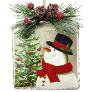Holiday Time Snowman Metal Disc Ornament. Casual Traditional Theme. Hand Wash Rim. Red & White Color