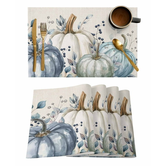 Blue Pumpkin Placemats Set of 4 Eucalyptus Leaves Vintage Linen Texture Fall Heat Insulation Washable Place Mats, Rustic Non-Slip Table Mats for Dining Table Party Kitchen Decor,13x19 Inch