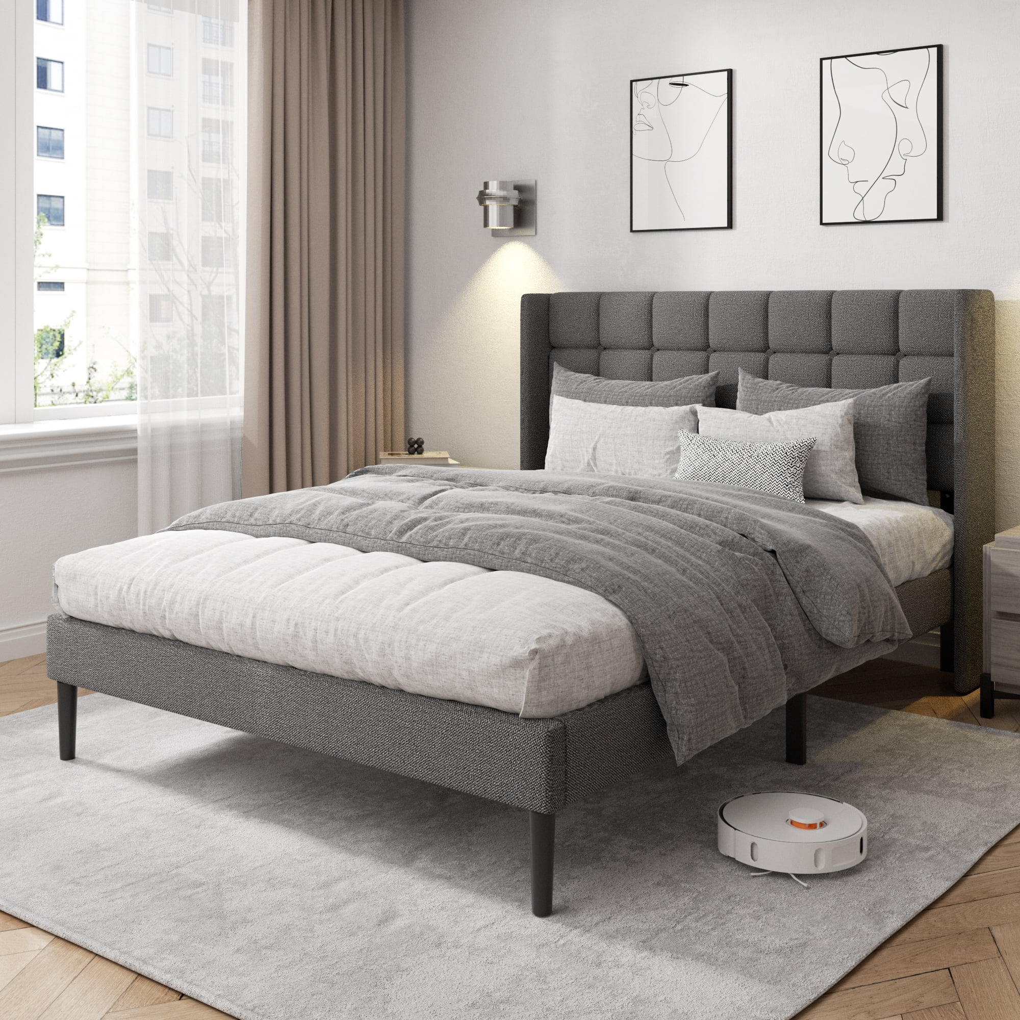 VIPLOV Queen Bed Frame , Modern Platform Bed Frame with Headboard and Upholstered Wingback, Easy Assembly,Dark Gray