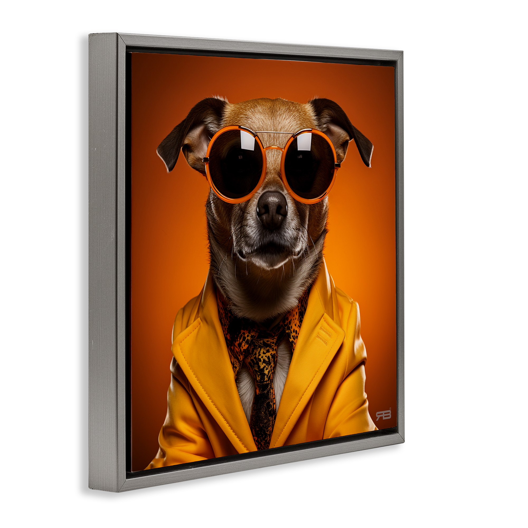 Stupell Industries Trendy Dog Yellow Suit Animals & Insects Painting Gray Floater Framed Canvas Art Print Wall Art, 18 x 18