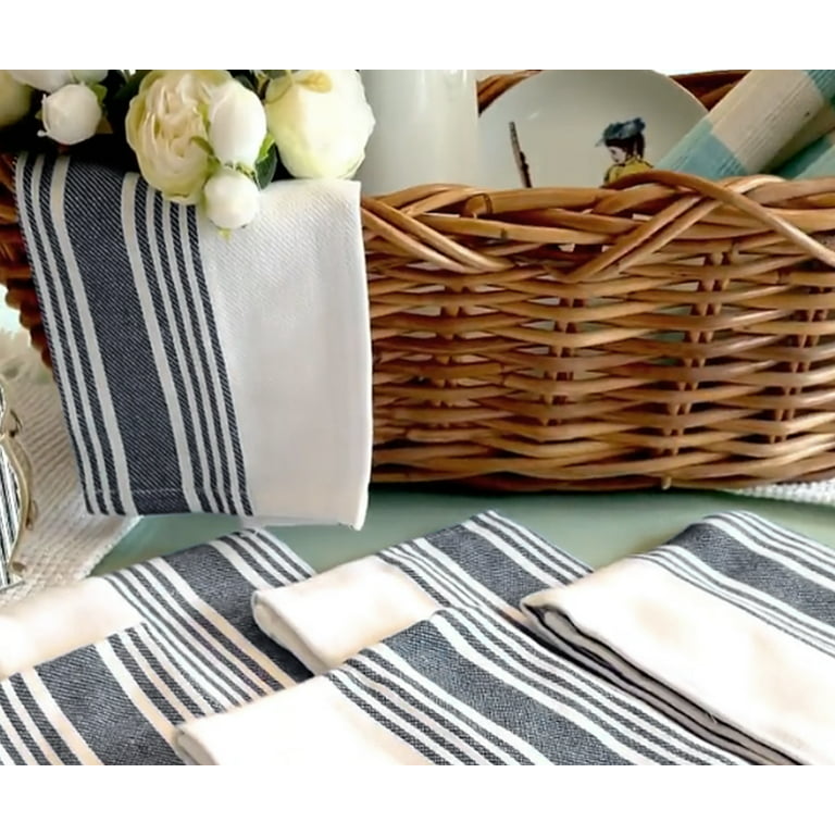 All Cotton and Linen Kitchen Towels, Dish Towels, Cotton Dish Cloths Set of  6, 18X28, White & Dark Navy Blue 