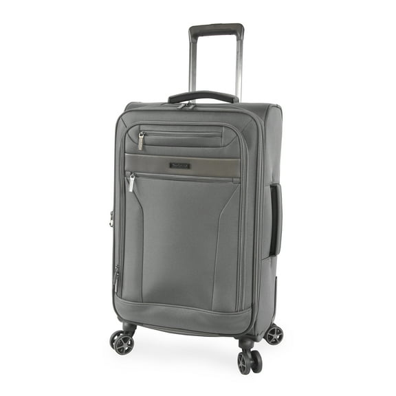 Open Box Brookstone Harbour 26" Softside Medium Checked Expandable Spinner Luggage with Removable Toiletry Pouch, Dark Charcoal