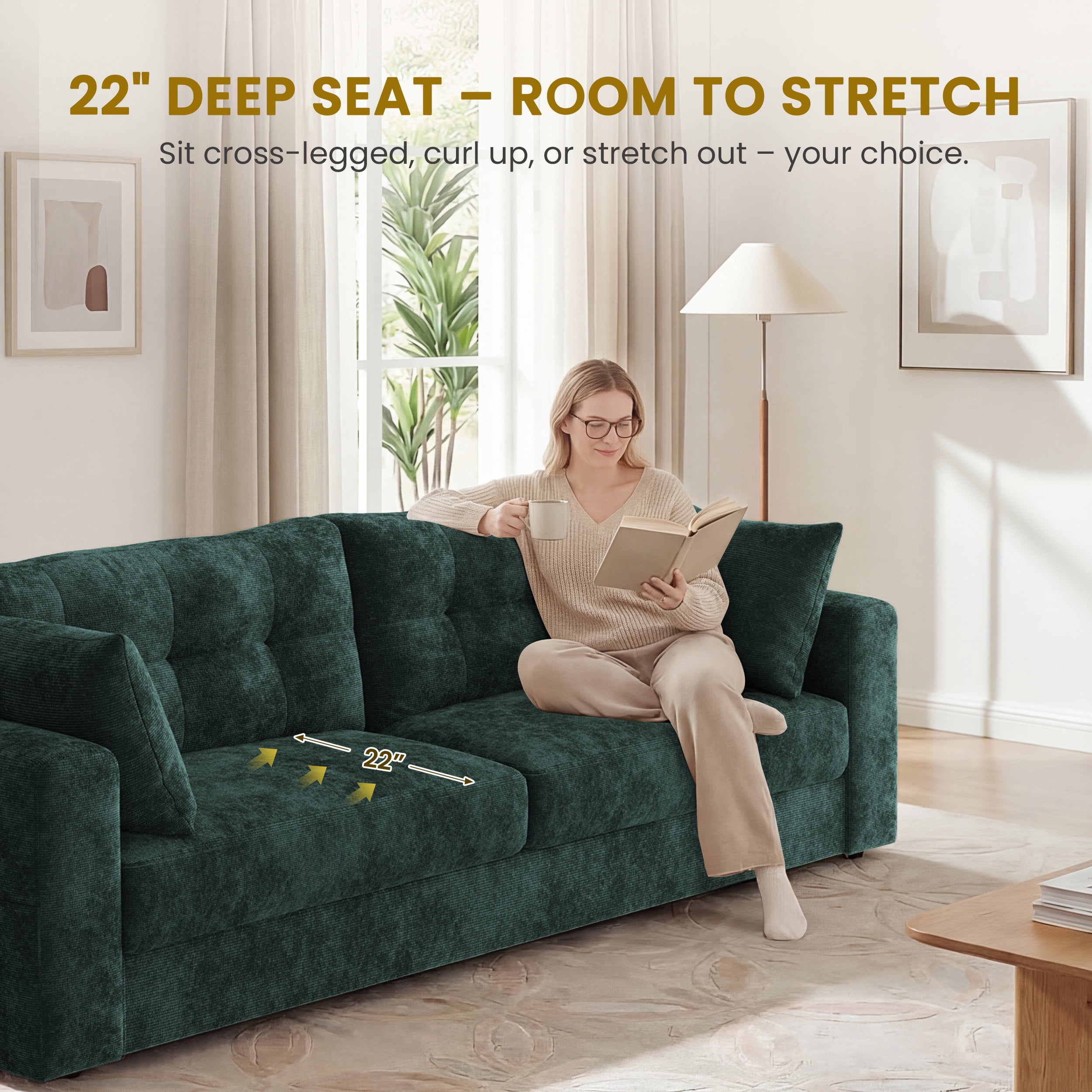 WISHEAD 87" Large 3 Seater Sofa Couch for Living Room, Office, Oversized Couches with Extra Deep Seat, USB Charging Port, 2 Pillows, Dark Green