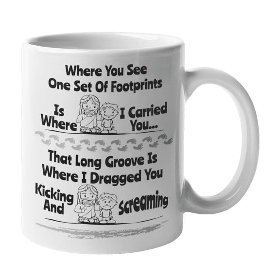 Where You See One Set Of Footprints Is Where I Carried You Funny Footprints In The Sand Comic Christian Faith Coffee & Tea Mug Feat. Jesus For Church Leader, Youth Group & Ministry Leaders (11oz)
