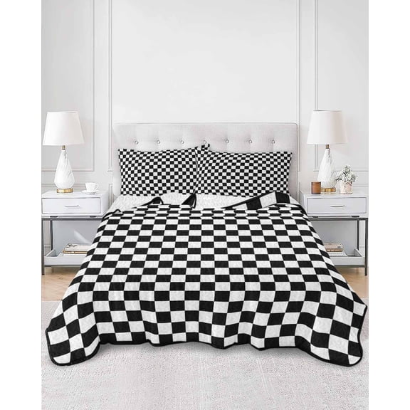 Quilts Twin Size, Black White Plaid Soft Comforter Bedding Set for Bed, Modern Buffalo Check Gingham Art Lightweight Quilted Bedspread with Pillow Cover(2 Pieces) for All Season, 68x86 Inch